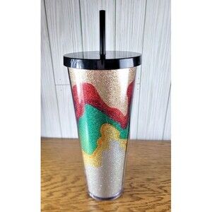Starbucks Holiday Sand Flow Glitter Cold Cup Venti 24 oz with Lid & Black Straw